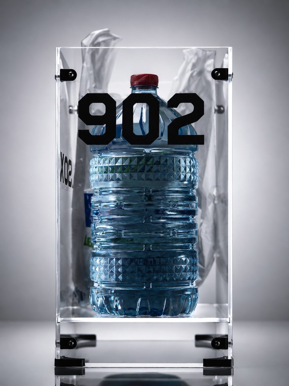 Delibox with apartment sticker 902 holding a large water bottle