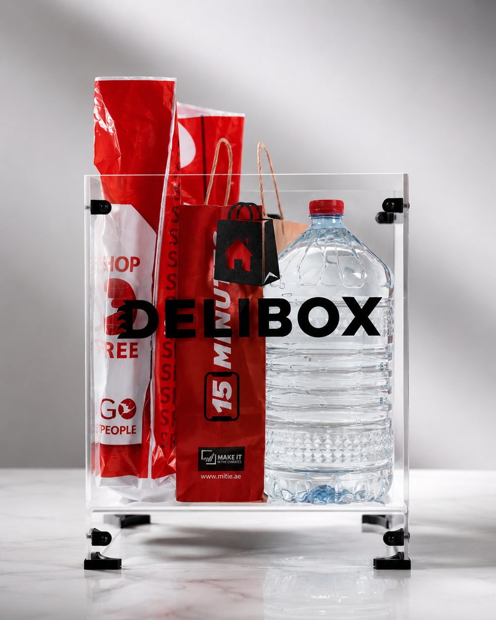 Delibox holding shopping bags and a large water bottle